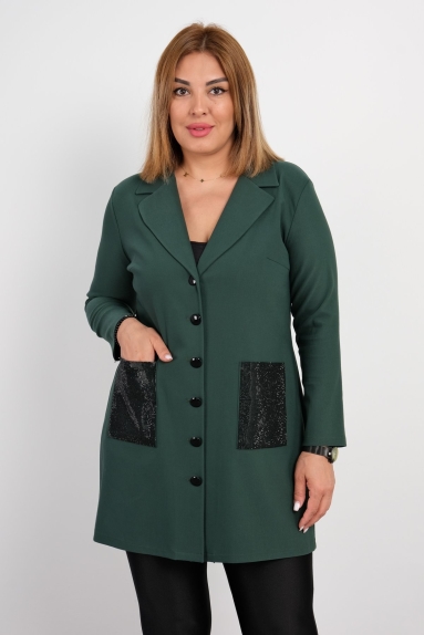 Knee-length jacket with button up and stone printed on the front, with side  pockets
