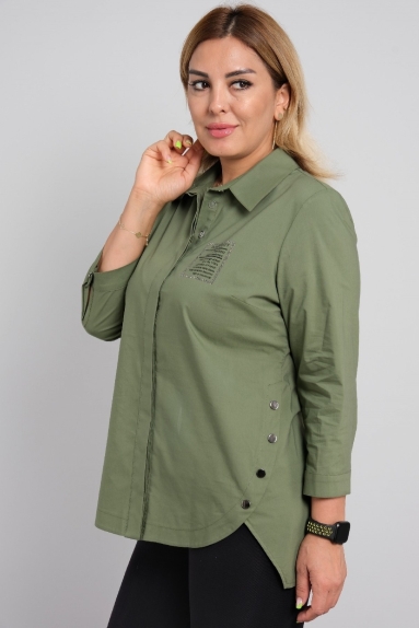 Women's shirt with text print and button detail on the sides