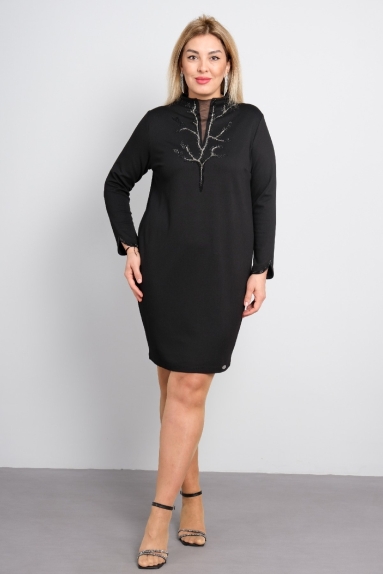  Product Features: This elegant black dress features long sleeves and falls at knee length. It has button details on the collar and silver embroidery on the chest area. The back of the dress is simple, completing the elegant look. Made from soft and stretchy fabric, it is suitable for all body types.