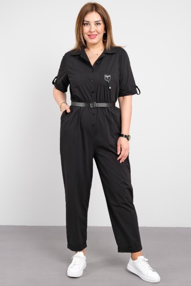 Short sleeved stoned jumpsuit with pockets