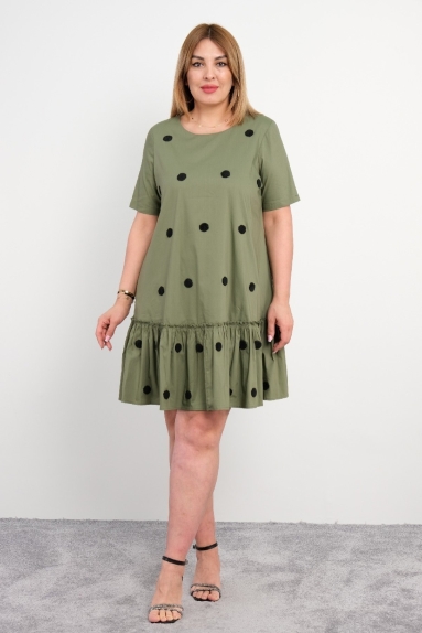  For plus size women, a short-sleeved and knee-length khaki dress with polka dot details.