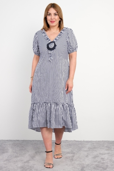  For plus size women, a striped, short-sleeved and long navy dress.