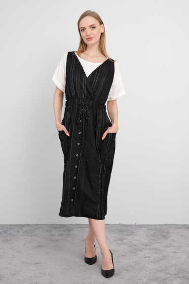 Striped short sleeve double suit view dress with pockets