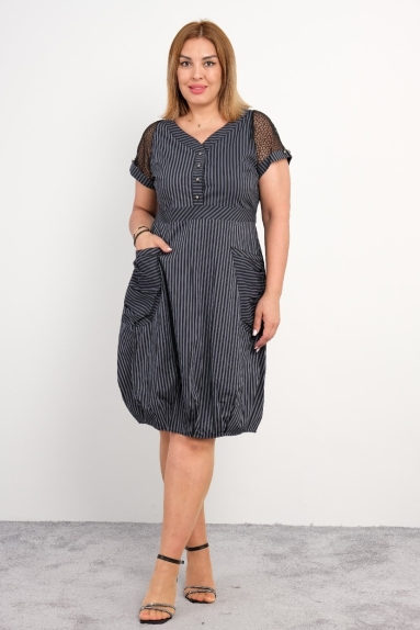  For plus size women, a button-detailed and striped, short-sleeved and pocketed elegant and stylish dress in gray color made of fine fabric.