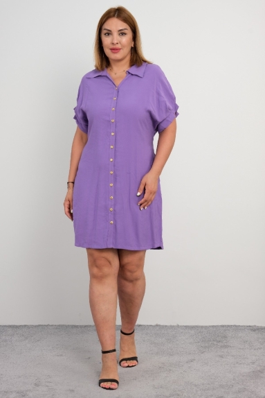  For plus size women, a lilac knee-length elegant and stylish dress with button details on the front, short sleeves, and belt details.
